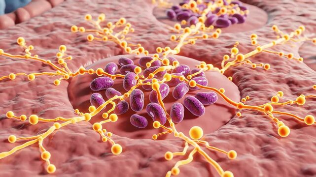 Inflammation signaling caused by gonorrhea infection, immune mediators glowing softly around infected tissue
