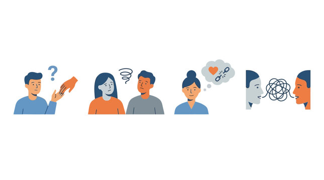Illustrations depicting various aspects of human communication challenges, emotional states, misunderstanding, and interpersonal conflict.