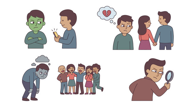 Illustrations depicting various negative human emotions and social issues including envy, heartbreak, loneliness, depression, and suspicion.