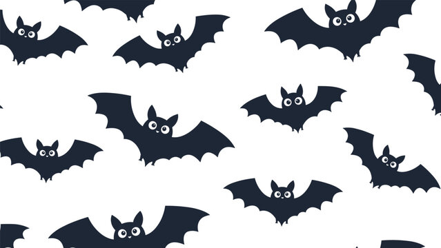 Simple and effective seamless pattern of black bat silhouettes flying in various directions on a clean white background for halloween themes.