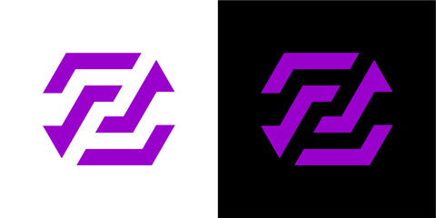 A striking abstract geometric symbol in vibrant purple, presented in two versions: one on a clean white background and the other on a stark black background. This modern design is ideal for technology © dwi