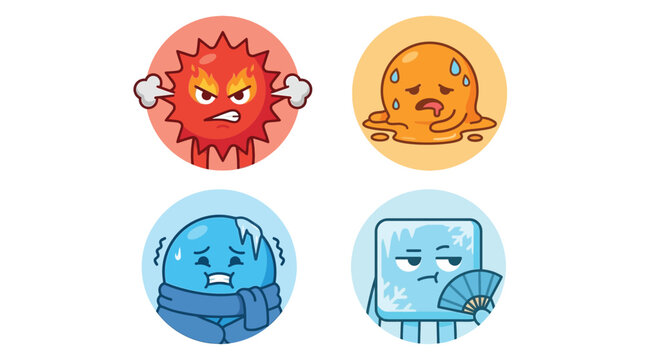 Four cartoon characters illustrating different temperature states and emotions: angry heat, melting hot, shivering cold, and cool indifference.
