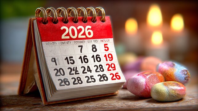 Easter 2026 Calendar with Colorful Eggs on Wooden Table