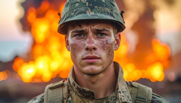An earnest, muddy soldier stares ahead with concern, against a background of fire and blurred destruction