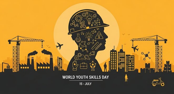 World youth skills day illustration with silhouette of worker and city