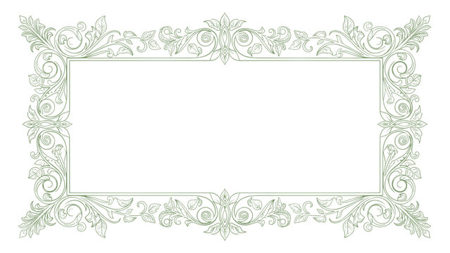 Elegant horizontal rectangular frame decorated with intricate floral and scroll flourishes in a soft green outline style.