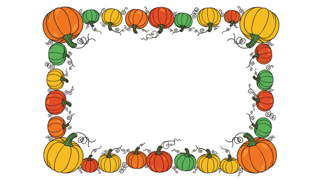 Rectangular frame composed of various colorful pumpkins in shades of orange, green, and yellow for autumn and thanksgiving decorations.