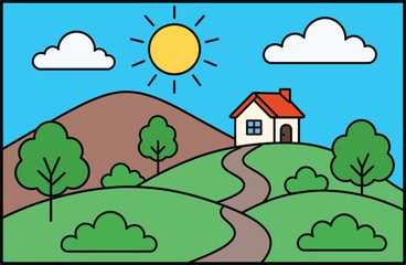 Fototapeta premium Sunny day landscape with red house, green hills, and fluffy clouds blue sky