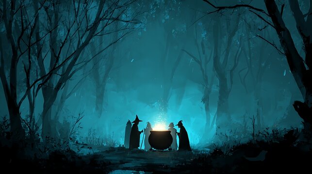 Mysterious group of people gathered around glowing cauldron in dark forest at night with fog and bare trees