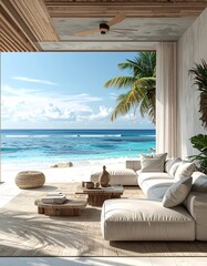 Obraz premium Modern, bright indoor-outdoor living space with white furnishings and a stunning ocean view, palm trees, and soft lighting