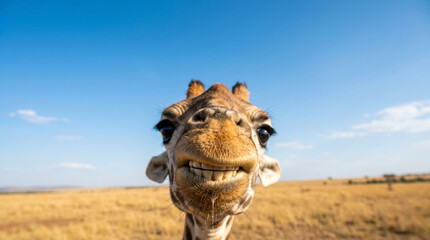 Close-up of a smiling giraffe in a sunny savannah landscape, funny animal, meme © Suparjo