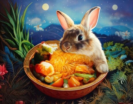 Whimsical Rabbit Peeking from a Bowl of Vibrant Food Under a Moonlit Sky.