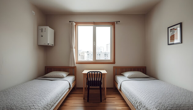 A simple and cozy hostel room with two beds and a desk by the window