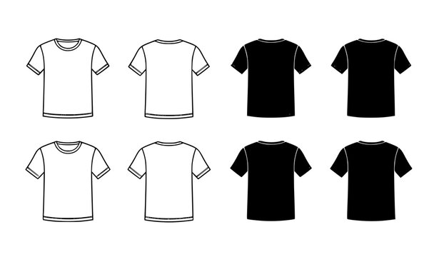 A set of eight t-shirt illustrations in black and white