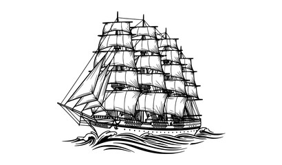 A black and white vector illustration of a sailing ship on the ocean © Nahid