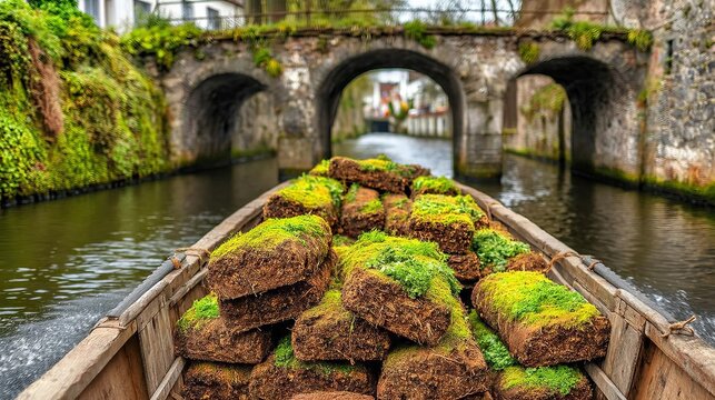 Narrow Boat Overloaded with Unevenly Stacked Clay Bricks in Canal Setting