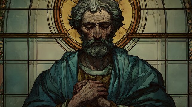 Saint Joseph depicted in a calm stance with hands positioned to suggest care and guardianship + minimal stained glass backdrop with soft linear patterns and subtle domestic symbolism + diffused ambien