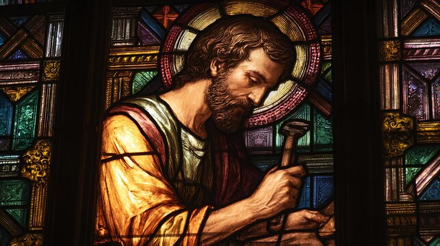 Saint Joseph holding tools associated with work in a composed posture symbolizing dignity of labor and protection + layered stained glass panels incorporating geometric craftsmanship motifs + warm sof