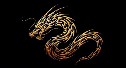 Fototapeta premium Elegant Golden Dragon Illustration with Black Background
