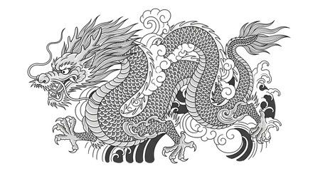 Fototapeta premium Intricate Black and White Traditional Dragon Illustration