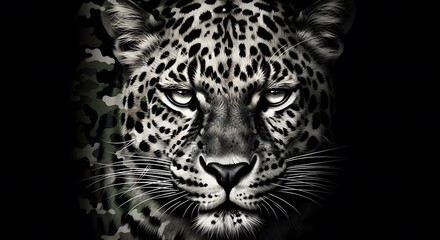 Obraz premium Close-up of a Fierce Gray Leopard with Intense Gaze on Black Background