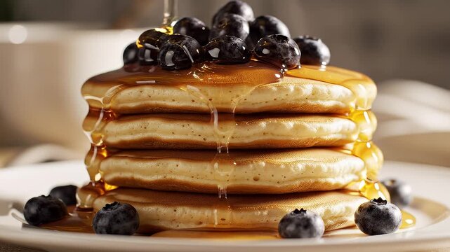 Delicious pancakes stack with blueberries and syrup.