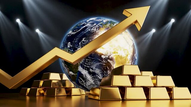 Gold bars and planet earth with a rising arrow represent financial growth and global economic stability for corporate financial reports.