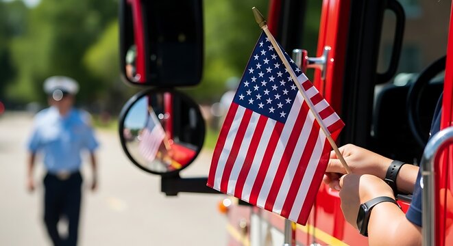 Person holding an american flag from the window of a red fire truck