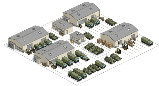 Isometric 3D illustration of a military base showing army barracks and vehicles arranged for strategic planning and logistics in a detailed map layout, revealing the concept