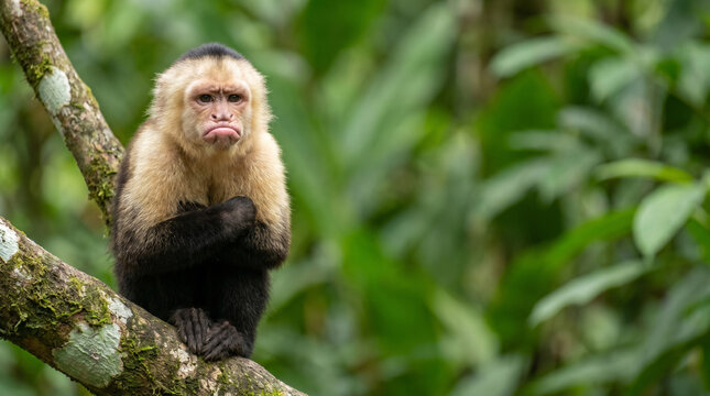 Capuchin monkey sitting on a tree branch in lush rainforest, funny animal, animal meme