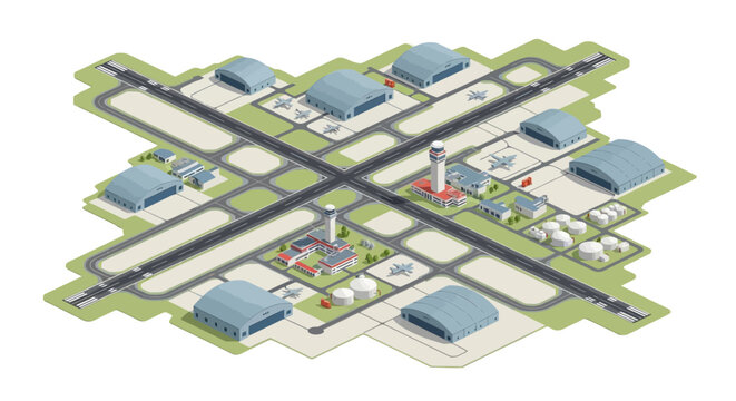 Isometric 3D illustration showing a detailed military base with runways, hangars, and control towers arranged for tactical planning and logistics, rendered in a clean, vector style
