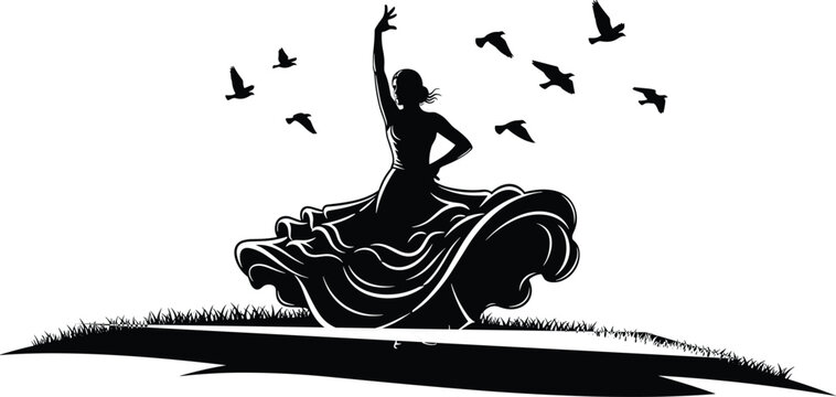 Flamenco dancer silhouette with flying birds.