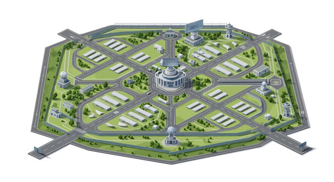 Isometric 3D illustration showcases a military base with barracks, headquarters, and radar installations connected by roads, rendered in a strategic planning layout with a neutral color