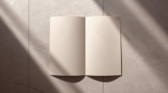 Open book mockup on marble texture background with dramatic lighting - perfect for showcasing design portfolios branding concepts and editorial layouts