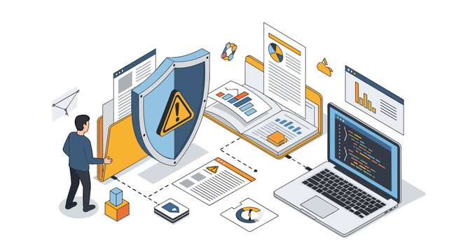 Cybersecurity professional protecting sensitive data folders and laptop with digital shield showing warning exclamation mark.