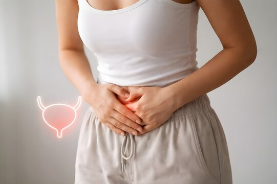 Young woman suffering from pelvic pain or menstrual cramps