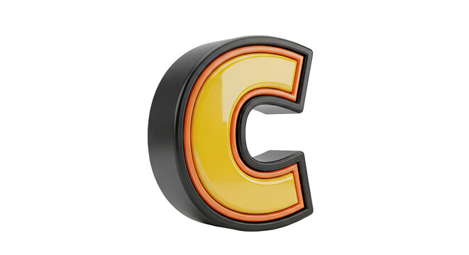 3D Render of the Letter C with Yellow, Orange, and Black Layers