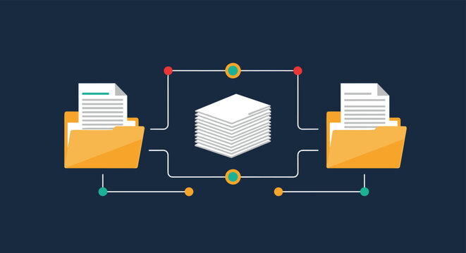 Document management system and data networking concept showing folders connected to central stack of papers for organization.