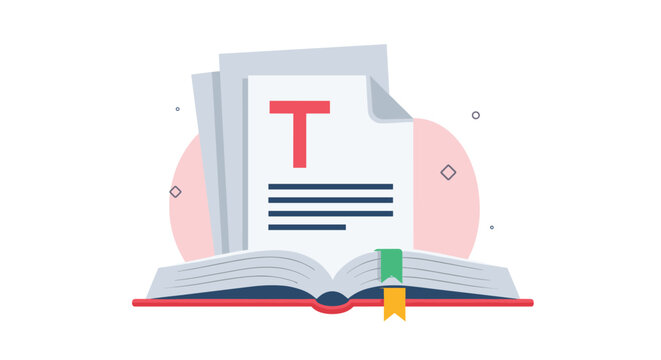 Open book with pages of text and a large letter T symbol representing content creation, literature, education, and digital storytelling.