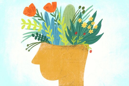 Human head with blooming flowers