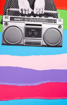Analog collage of a music player in front of colorful ripped paper.