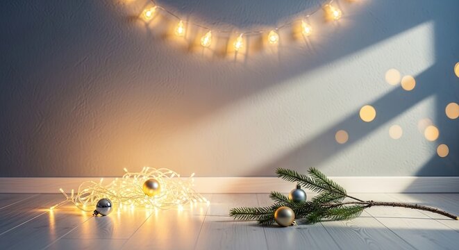 Minimalist crescent moon with pine sprig on soft blue spiritual night background