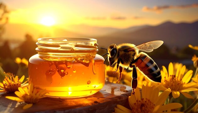 Close-up of golden honey in a jar, with a buzzing bee on a yellow flower, and mountains bathed in sunset light