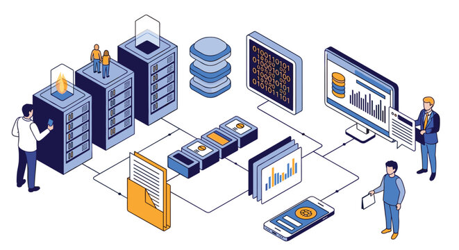 Information technology data center management concept with people monitoring servers, database storage, and financial charts on monitors.