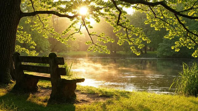 Sunlit park at dawn with a wooden bench by a calm lake and golden light filtering through fresh green tree leaves