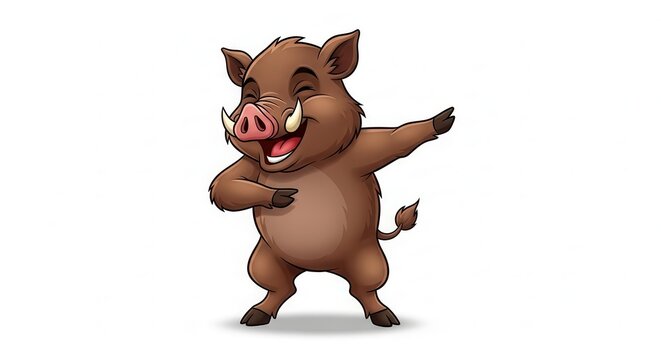 Joyful cartoon warthog mascot expressing excitement with a fun dabbing dance gesture artwork