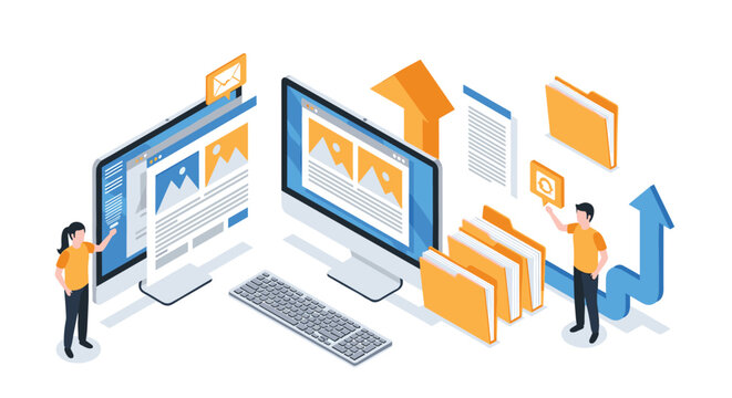 Digital asset management and file sharing concept with people interacting with computers and folders to upload or download information.