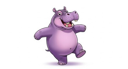 Naklejka premium Vibrant Purple Cartoon Hippopotamus Dancing Joyfully on White Background Expressing Pure Happiness