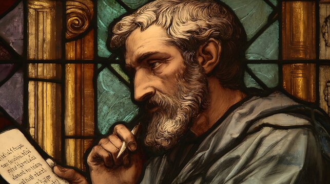 Saint Paul in a contemplative yet engaged stance holding written texts representing theological depth + minimal stained glass setting with subtle academic and symbolic motifs + soft even lighting high