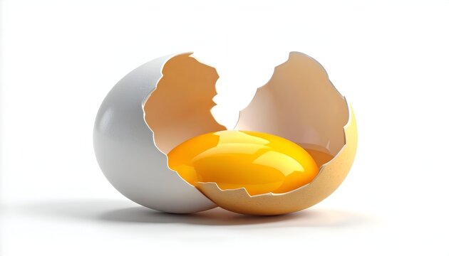Cracked Egg with Yolk on White Background.